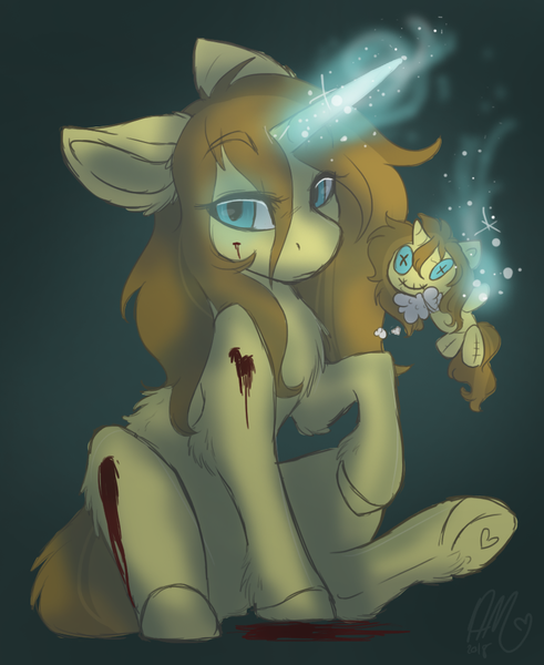 Size: 871x1065 | Tagged: semi-grimdark, artist:missclaypony, derpibooru import, oc, oc:niki, unofficial characters only, pony, unicorn, blood, eyebrows, eyebrows visible through hair, floppy ears, glow, glowing horn, gradient background, horn, image, lidded eyes, looking at you, magic, plushie, png, raised hoof, redraw, sitting, solo, telekinesis, voodoo doll