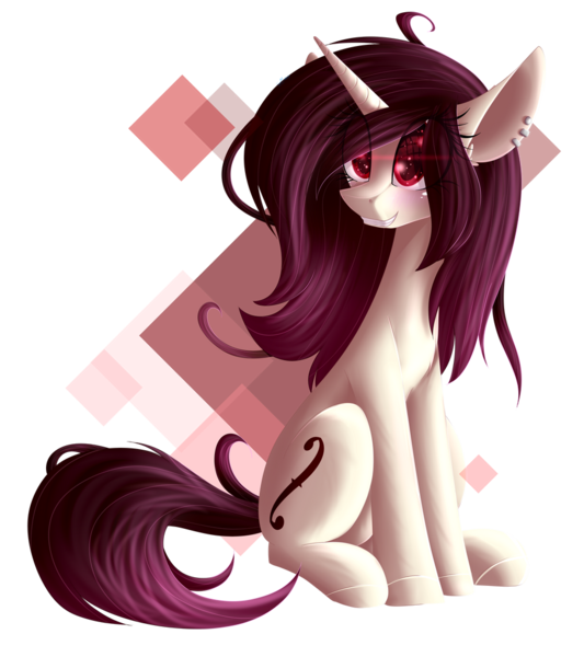 Size: 900x1014 | Tagged: safe, artist:mediasmile666, derpibooru import, oc, oc:hazel, unofficial characters only, pony, unicorn, abstract background, blushing, cutie mark, ear piercing, earring, eye clipping through hair, eye reflection, female, gift art, grin, image, jewelry, mare, piercing, png, reflection, simple background, sitting, smiling, solo, transparent background