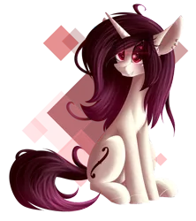Size: 900x1014 | Tagged: safe, artist:mediasmile666, derpibooru import, oc, oc:hazel, unofficial characters only, pony, unicorn, abstract background, blushing, cutie mark, ear piercing, earring, eye clipping through hair, eye reflection, female, gift art, grin, image, jewelry, mare, piercing, png, reflection, simple background, sitting, smiling, solo, transparent background