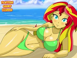 Size: 2560x1920 | Tagged: source needed, suggestive, artist:swagalicious-tony, derpibooru import, sunset shimmer, human, equestria girls, beach, belly button, bikini, bra, breasts, busty sunset shimmer, clothes, green bra, green panties, green swimsuit, green underwear, hair, image, jpeg, legs, looking at you, panties, smiling, smiling at you, stupid sexy sunset shimmer, swimsuit, underwear