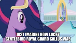 Size: 888x499 | Tagged: safe, derpibooru import, edit, edited screencap, screencap, gallus, twilight sparkle, twilight sparkle (alicorn), alicorn, gryphon, the last problem, canterlot, duo, female, image, jpeg, male, meme, older, older gallus, older twilight, princess twilight 2.0, royal guard, royal guard gallus