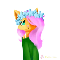 Size: 1024x1024 | Tagged: safe, artist:myralilth, artist:snowolive, derpibooru import, fluttershy, anthro, cat, catified, clothes, collaboration, female, floral head wreath, flower, fluttercat, hair over one eye, image, looking at you, off shoulder, off shoulder sweater, png, simple background, solo, species swap, sweater, sweatershy, transparent background