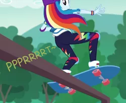 Size: 752x611 | Tagged: suggestive, artist:thedarkpony, derpibooru import, edit, edited screencap, screencap, rainbow dash, equestria girls, equestria girls series, sic skateboard, spoiler:eqg series (season 2), butt, cropped, fart, fart edit, fart noise, female, image, onomatopoeia, png, rainbutt dash, sound effects