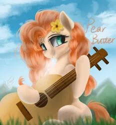 Size: 1244x1342 | Tagged: safe, artist:fluttersheeeee, derpibooru import, pear butter, earth pony, pony, blushing, cutie mark, female, flower, flower in hair, guitar, image, looking sideways, mare, musical instrument, png, sitting, smiling, solo