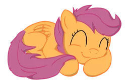 Size: 1223x820 | Tagged: safe, artist:twodeepony, derpibooru import, scootaloo, pegasus, pony, ^^, curled up, cute, cutealoo, daaaaaaaaaaaw, eyes closed, female, filly, folded wings, image, png, simple background, sleeping, smiling, solo, tail, transparent background, wings