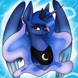 Size: 2000x2000 | Tagged: safe, artist:krissograph, derpibooru import, princess luna, alicorn, pony, abstract background, big ears, bust, ethereal mane, eyebrows, eyebrows visible through hair, female, image, jewelry, jpeg, looking at you, mare, regalia, solo, starry mane