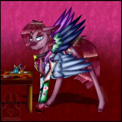Size: 1280x1280 | Tagged: grimdark, artist:karsithedog, derpibooru import, part of a set, pinkie pie, earth pony, pony, fanfic:cupcakes, abstract background, blood, bubble berry, clothes, cupcake, cutie mark, floppy ears, food, image, implied murder, jacket, jewelry, jpeg, knife, lidded eyes, looking at you, male, necklace, rainbow cupcake, rule 63, smiling, stallion