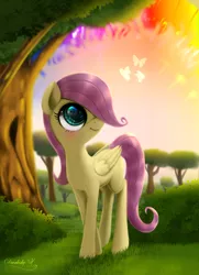 Size: 3250x4500 | Tagged: safe, artist:darksly, derpibooru import, fluttershy, butterfly, insect, pegasus, pony, blank flank, bush, cute, eye reflection, female, filly, filly fluttershy, folded wings, grass, hair over one eye, head turned, high res, image, jpeg, looking at something, looking up, outdoors, reflection, shyabetes, smiling, solo, sonic rainboom, standing, three quarter view, tree, wings, younger
