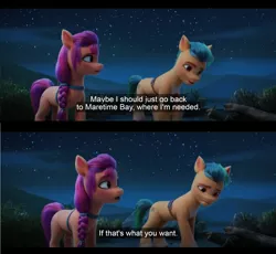 Size: 1600x1474 | Tagged: safe, derpibooru import, edit, edited screencap, screencap, hitch trailblazer, sunny starscout, my little pony: a new generation, spoiler:g5, spoiler:my little pony: a new generation, comic, english, english subtitles, g5, image, night, nightime, outdoors, png, screencap comic, stars, subtitles