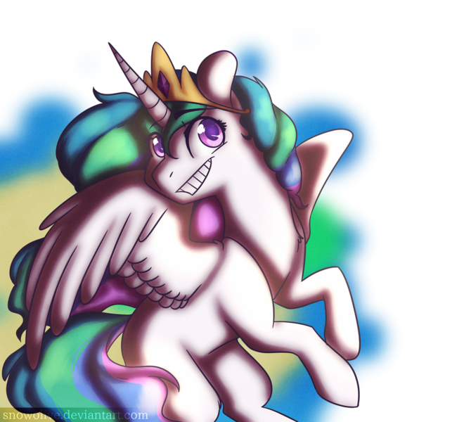 Size: 1024x917 | Tagged: safe, artist:snowolive, derpibooru import, princess celestia, alicorn, pony, abstract background, eye clipping through hair, female, flying, grin, image, jewelry, looking at you, mare, missing accessory, missing cutie mark, png, smiling, solo, speedpaint available, spread wings, tiara, wings