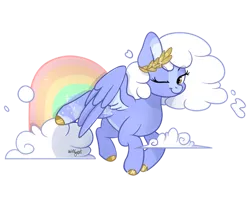 Size: 1024x867 | Tagged: safe, artist:afkcyrist, derpibooru import, oc, unofficial characters only, pegasus, pony, blaze (coat marking), cloud, cloud mane, coat markings, colored hooves, commission, eyebrows, eyebrows visible through hair, facial markings, female, flying, image, laurel wreath, looking at you, mare, one eye closed, pegasus oc, png, rainbow, simple background, smiling, solo, spread wings, transparent background, wings