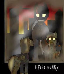 Size: 1914x2196 | Tagged: semi-grimdark, artist:rorrek, derpibooru import, oc, oc:chainlink shackles, oc:murky, earth pony, pegasus, fallout equestria, fallout equestria: murky number seven, album cover, clothes, dirty, empty eyes, fanfic art, image, jacket, korn, leather jacket, mirror, mud, png, scar, slasher smile