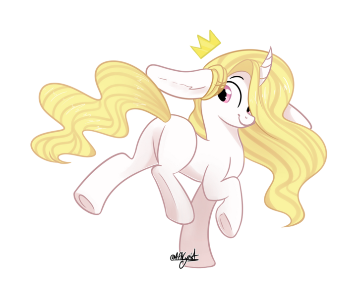 Size: 1024x844 | Tagged: safe, artist:afkcyrist, derpibooru import, oc, unofficial characters only, pony, unicorn, big ears, blank flank, butt, commission, curved horn, eye clipping through hair, female, floppy ears, hair over one eye, horn, image, landing, mare, plot, png, raised hoof, simple background, smiling, solo, transparent background