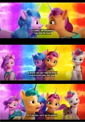 Size: 1592x2288 | Tagged: safe, derpibooru import, edit, edited screencap, screencap, hitch trailblazer, izzy moonbow, pipp petals, sunny starscout, zipp storm, my little pony: a new generation, spoiler:g5, spoiler:my little pony: a new generation, comic, dancing, english, english subtitles, fake horn, fit right in (g5), g5, image, musical, png, rainbow, screencap comic, singing, smiling, subtitles