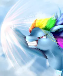 Size: 2500x3000 | Tagged: safe, artist:debbygattathebest, derpibooru import, rainbow dash, pegasus, pony, female, flying, gritted teeth, image, jpeg, mare, narrowed eyes, solo, sonic rainboom, stray strand, wind, windswept mane