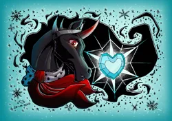 Size: 5640x3976 | Tagged: safe, artist:reptilianbirds, derpibooru import, king sombra, pony, unicorn, abstract background, absurd resolution, bust, crystal heart, ethereal mane, hoers, image, jewelry, looking at you, male, png, regalia, solo, stallion