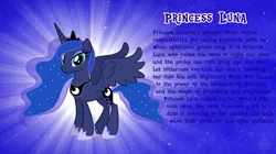 Size: 1280x719 | Tagged: safe, artist:andoanimalia, derpibooru import, princess luna, alicorn, pony, bio, crown, female, hoof shoes, horn, image, jewelry, looking at you, mare, png, regalia, smiling, solo, spread wings, standing, tail, teal eyes, text, vector, wings