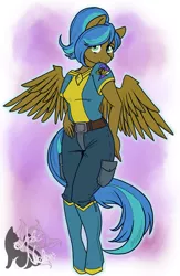Size: 1891x2896 | Tagged: safe, artist:therealakineko, derpibooru import, oc, unofficial characters only, anthro, pegasus, unguligrade anthro, abstract background, belt, boots, clothes, commission, cutie mark, cutie mark clothes, cutie mark on clothes, female, image, jewelry, necklace, png, pouch, shoes, shy, solo, spread wings, uniform, wings
