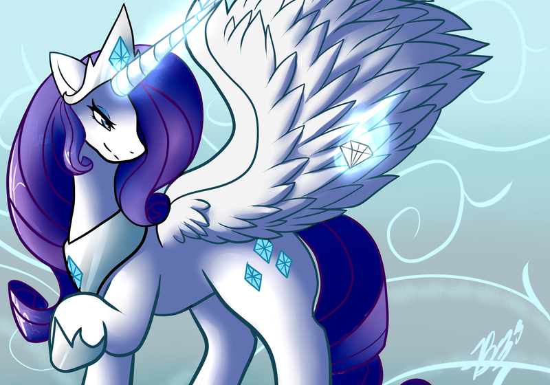 Size: 5000x3500 | Tagged: safe, artist:evianix, derpibooru import, part of a set, rarity, alicorn, pony, abstract background, alicornified, cutie mark, diamond, female, glow, glowing horn, horn, image, lidded eyes, magic, mare, png, princess rarity, race swap, raised hoof, raricorn, smiling, solo, spread wings, telekinesis, wings