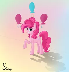 Size: 2102x2213 | Tagged: safe, artist:someonex64, derpibooru import, pinkie pie, earth pony, pony, cutie mark, cutie mark background, eyebrows, eyebrows visible through hair, female, grin, image, lidded eyes, looking at you, mare, png, raised hoof, shadow, smiling, solo