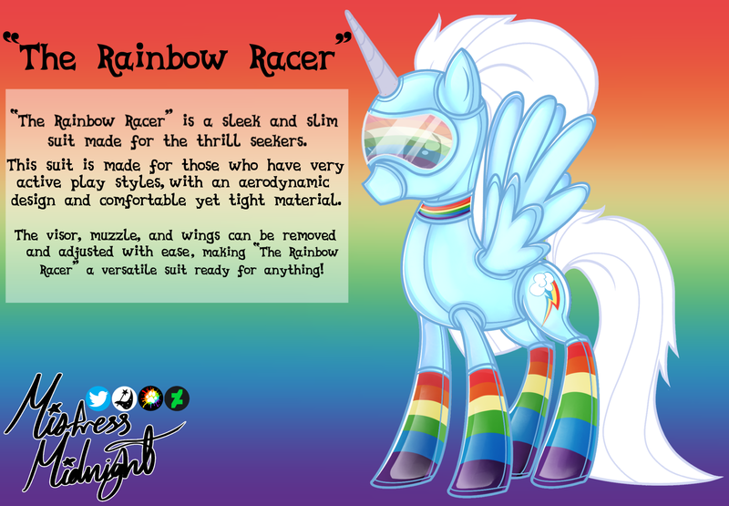 Size: 2292x1591 | Tagged: questionable, artist:mistress midnight, derpibooru import, rainbow dash, oc, pony, unicorn, catsuit, cutie mark, description is relevant, design, fake wings, fashion, fashion design, fetish, fetish fuel, g4, hood, image, latex, latex suit, photo, png, rubber, rubber drone, shiny, signature, skintight clothes, solo, visor