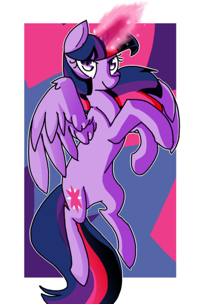 Size: 1024x1490 | Tagged: safe, artist:snowolive, derpibooru import, part of a set, twilight sparkle, twilight sparkle (alicorn), alicorn, pony, abstract background, cutie mark, female, flying, glow, glowing horn, horn, image, looking at you, mare, narrowed eyes, png, rearing, smiling, solo, spread wings, wings