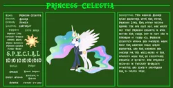 Size: 11720x6000 | Tagged: safe, artist:ponygamer2020, derpibooru import, princess celestia, alicorn, pony, fallout equestria, bio, clothes, crown, fallout, fallout equestria: character guide, female, horn, image, jewelry, looking at you, mare, pipboy, png, reference sheet, regalia, s.p.e.c.i.a.l., smiling, smiling at you, solo, spread wings, standing, tail, text, vault suit, vector, wings