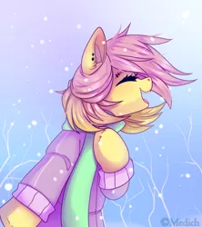 Size: 2241x2524 | Tagged: safe, artist:mediasmile666, derpibooru import, oc, unofficial characters only, pony, clothes, ear piercing, eyes closed, image, not fluttershy, open mouth, piercing, png, profile, scarf, smiling, snow, winter
