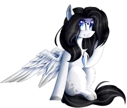 Size: 3000x2554 | Tagged: safe, artist:mediasmile666, derpibooru import, oc, unofficial characters only, pegasus, pony, blank flank, chest fluff, coat markings, commission, eye clipping through hair, eye reflection, female, image, jewelry, mare, necklace, png, reflection, sidemouth, simple background, sitting, smiling, solo, speedpaint available, transparent background