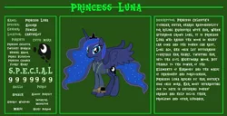 Size: 11720x6000 | Tagged: safe, artist:ponygamer2020, derpibooru import, princess luna, alicorn, pony, fallout equestria, bio, clothes, crown, fallout, fallout equestria: character guide, female, horn, image, jewelry, looking at you, mare, pipboy, png, reference sheet, regalia, s.p.e.c.i.a.l., smiling, smiling at you, solo, spread wings, standing, tail, teal eyes, text, vault suit, vector, wings