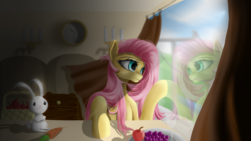 Size: 1920x1080 | Tagged: safe, artist:fluttersheeeee, derpibooru import, angel bunny, fluttershy, pony, rabbit, animal, curtains, duo, female, food, image, mare, png, reflection, window