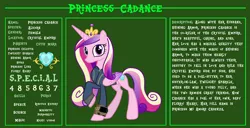 Size: 11720x6000 | Tagged: safe, artist:ponygamer2020, derpibooru import, princess cadance, alicorn, pony, fallout equestria, bio, clothes, crown, fallout, fallout equestria: character guide, female, horn, image, jewelry, jumpsuit, looking at you, mare, multicolored mane, multicolored tail, pipboy, png, purple eyes, raised hoof, reference sheet, regalia, s.p.e.c.i.a.l., solo, standing, tail, text, vault suit, vector