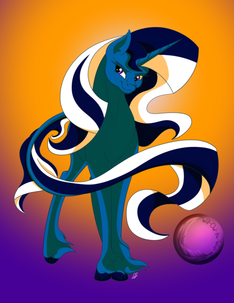 Size: 2550x3300 | Tagged: safe, artist:will-owl-the-wisp, derpibooru import, oc, oc:moonrise, oc:moonset shimmer, unofficial characters only, classical unicorn, pony, unicorn, art trade, cloven hooves, female, gradient background, image, leonine tail, lidded eyes, mare, png, smiling, smirk, solo, tail, unshorn fetlocks