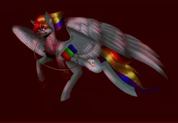 Size: 13000x9000 | Tagged: semi-grimdark, artist:spiritwolfea, derpibooru import, rainbow dash, pegasus, pony, fanfic:rainbow factory, alternate hairstyle, bit, blood, blood splatter, chest fluff, cutie mark, fanfic art, female, flying, image, iv drip, jpeg, large wings, mare, rainbow factory dash, solo, tack, wings