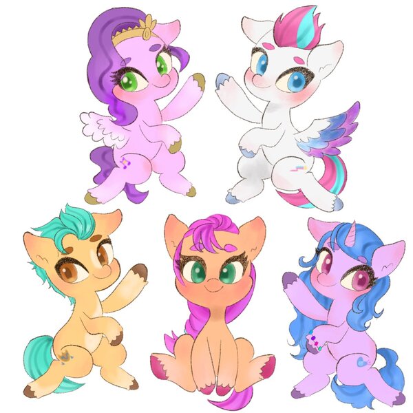 Size: 1280x1280 | Tagged: safe, artist:h2o_omz, derpibooru import, part of a set, hitch trailblazer, izzy moonbow, pipp petals, sunny starscout, zipp storm, earth pony, pegasus, pony, unicorn, my little pony: a new generation, female, g5, image, jpeg, looking at you, male, mane five (g5), simple background, spread wings, white background, wings