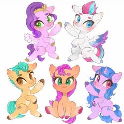 Size: 1280x1280 | Tagged: safe, artist:h2o_omz, derpibooru import, part of a set, hitch trailblazer, izzy moonbow, pipp petals, sunny starscout, zipp storm, earth pony, pegasus, pony, unicorn, my little pony: a new generation, female, g5, image, jpeg, looking at you, male, mane five (g5), simple background, spread wings, white background, wings