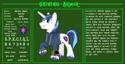 Size: 11720x6000 | Tagged: safe, artist:ponygamer2020, derpibooru import, shining armor, pony, unicorn, fallout equestria, bio, clothes, cutie mark, fallout, fallout equestria: character guide, horn, image, jumpsuit, male, pipboy, png, raised hoof, reference sheet, s.p.e.c.i.a.l., smiling, solo, stallion, tail, text, vault suit, vector