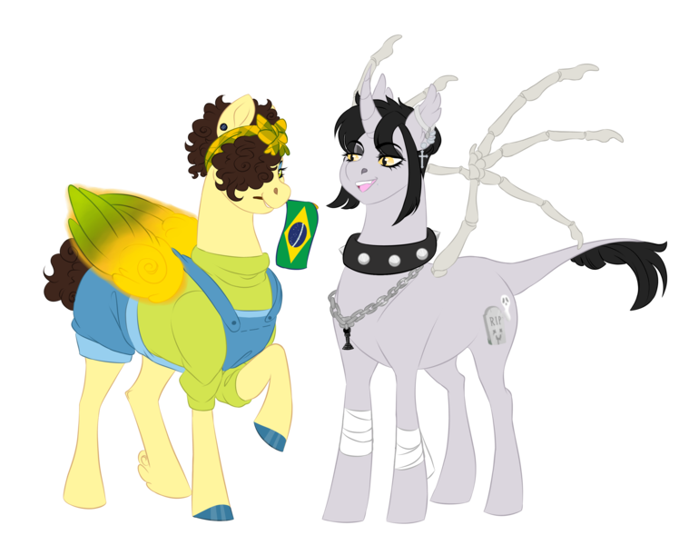 Size: 2935x2320 | Tagged: safe, artist:theartfox2468, derpibooru import, oc, oc:grimm fable, oc:sol shines, unofficial characters only, alicorn, pegasus, pony, derpibooru community collaboration, 2022 community collab, alicorn oc, bandage, bandana, bone, brazil, chess piece, choker, clothes, curved horn, deaf, duo, ear piercing, earring, eyeshadow, female, flag, grim reaper, grin, hair over one eye, hearing aid, horn, image, jewelry, leonine tail, lip piercing, makeup, mare, mouth hold, necklace, open mouth, overalls, piercing, png, raised hoof, shorts, simple background, smiling, spiked choker, sweater, tail, transparent background, unshorn fetlocks, wings