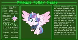 Size: 11720x6000 | Tagged: safe, artist:ponygamer2020, derpibooru import, princess flurry heart, pony, fallout equestria, bio, clothes, cute, cutie mark, fallout, fallout equestria: character guide, female, filly, filly flurry heart, flurrybetes, flying, horn, image, jumpsuit, looking at you, pipboy, png, s.p.e.c.i.a.l., smiling, smiling at you, solo, tail, test, vector, wings