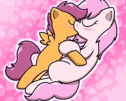 Size: 1000x800 | Tagged: suggestive, artist:pokefound, ponybooru import, scootaloo, oc, oc:kayla, earth pony, pegasus, pony, abstract background, age difference, blushing, canon x oc, eyes closed, female, filly, foal, foalcon, image, kissing, lesbian, mare, mare on filly, png, underage