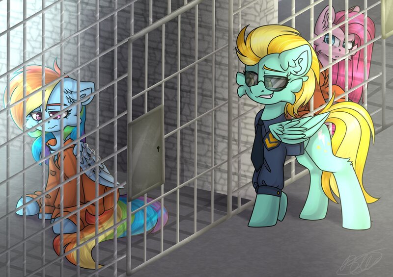 Size: 2974x2100 | Tagged: safe, artist:fufuvhrumov, derpibooru import, lightning dust, pinkie pie, rainbow dash, earth pony, pegasus, pony, bound wings, cell, chained, clothes, image, jail, jpeg, officer ld, pinkamena diane pie, police uniform, prison, prison outfit, prisoner pp, prisoner rd, smiling, smirk, wings