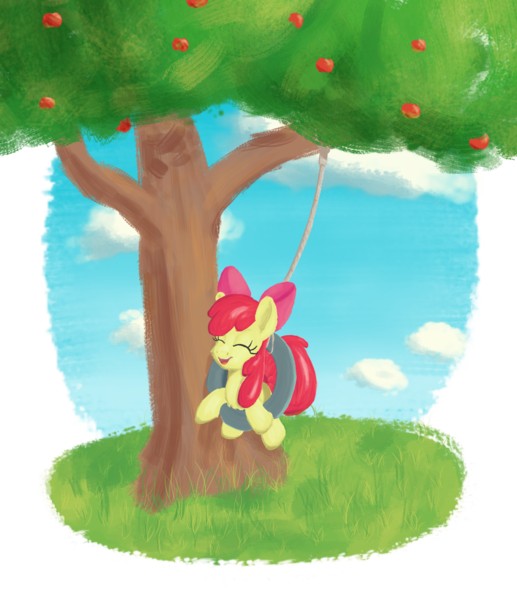 Size: 3100x3600 | Tagged: safe, artist:litrojia, derpibooru import, apple bloom, earth pony, pony, apple, female, filly, food, image, png, solo, swing, tire, tire swing, tree