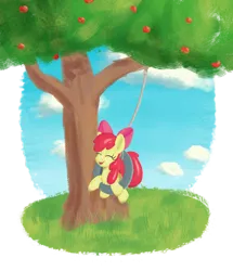 Size: 3100x3600 | Tagged: safe, artist:litrojia, derpibooru import, apple bloom, earth pony, pony, apple, female, filly, food, image, png, solo, swing, tire, tire swing, tree