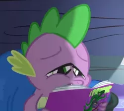 Size: 572x513 | Tagged: safe, derpibooru import, screencap, spike, dragon, power ponies (episode), comic book, cropped, image, implied mane-iac, jpeg, out of context, power ponies, reading, solo