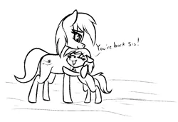 Size: 1350x924 | Tagged: safe, artist:seafooddinner, oc, oc:meadow frost, oc:tundra tracker, unofficial characters only, pony, taiga pony, dialogue, female, filly, hug, image, mare, monochrome, open mouth, png, siblings, sisters, teary eyes