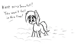 Size: 1485x894 | Tagged: safe, artist:seafooddinner, oc, oc:snowfall, unofficial characters only, pony, taiga pony, dialogue, ear fluff, female, filly, image, monochrome, nervous, offscreen character, png, scrunchy face, shaking, snow, solo