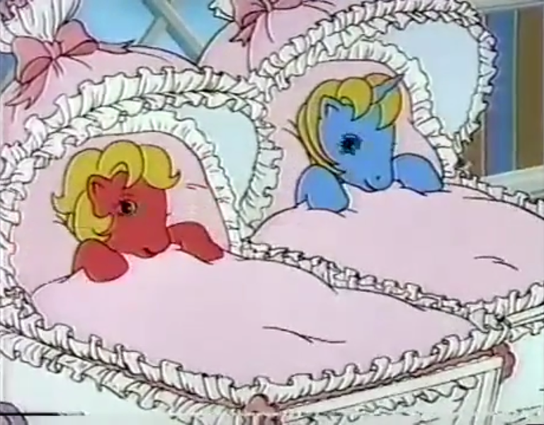 Size: 1963x1534 | Tagged: safe, derpibooru import, screencap, baby ribbon, baby shady, earth pony, pony, unicorn, 1980's, 1986, 80s, advertisement, awake, baby, baby buggy, baby ponies, baby pony, baby ribbondorable, baby shadybetes, beddy bye eye baby ponies, beddy bye eyes, blanket, commercial, cute, duo, female, filly, g1, image, lullabye nursery, png, smiling, stroller, wake up, you know for kids