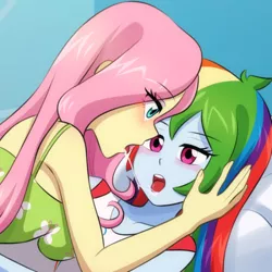 Size: 750x750 | Tagged: suggestive, artist:riouku, derpibooru import, fluttershy, rainbow dash, equestria girls, bedroom eyes, blushing, clothes, commission, drool, drool string, duo, female, females only, flutterdash, hug, image, kissing, lesbian, looking at each other, looking at someone, open mouth, png, shipping, shirt, sloppy kissing, t-shirt