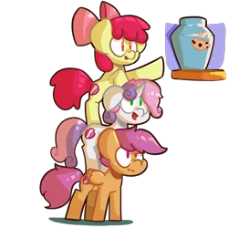 Size: 1000x1000 | Tagged: safe, artist:ronin20181, derpibooru import, apple bloom, scootaloo, sweetie belle, earth pony, pegasus, pony, unicorn, cookie, cookie jar, cutie mark crusaders, food, image, png, pony pile, reaching, simple background, tower of pony, transparent background
