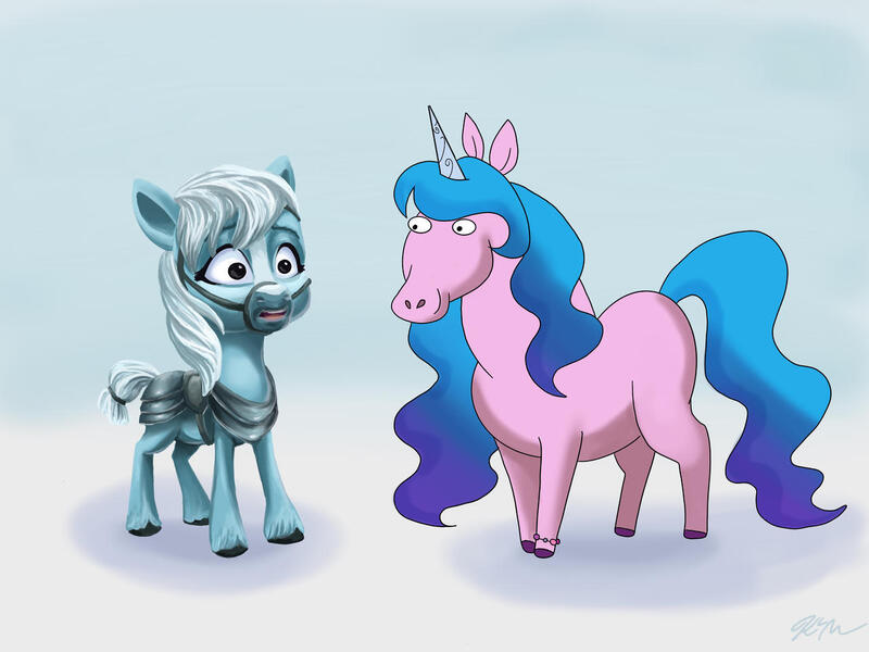 Size: 1280x960 | Tagged: safe, artist:catscratchpaper, derpibooru import, izzy moonbow, pony, unicorn, centaurworld, crossover, duo, female, g5, horse (centaurworld), image, jpeg, kimiko glenn, mare, open mouth, parody, style emulation, voice actor joke